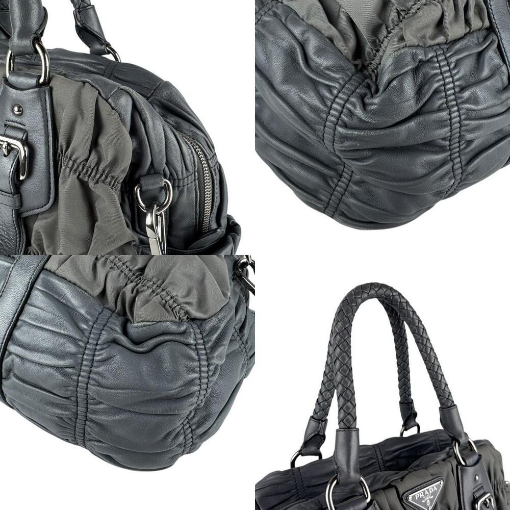 Prada tote handles braided bag Tessuto ruched satchel Gaufre leather black - Picture 4 of 4